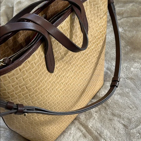 Dooney & Bourke Tan Woven Tote with Dark Brown Trim - Picture 6 of 7